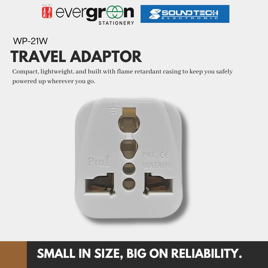 SOUNDTEOH WP-21W Universal Travel Adaptor | Flame Retardant | Multi-Socket | Compact & Light | 1 Year Warranty
