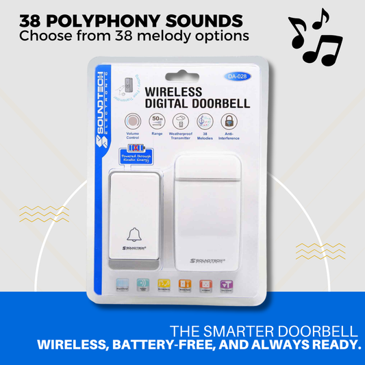 SOUNDTEOH DA-028 Kinetic Wireless Doorbell | Battery-Free | Weatherproof | 38 Melodies | Up to 50M Range | IMDA Approved