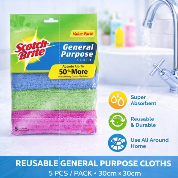 [SG] 3M Scotch-Brite™ General Purpose Cloth 5pcs | Reusable, Absorbent [Evergreen Stationery]