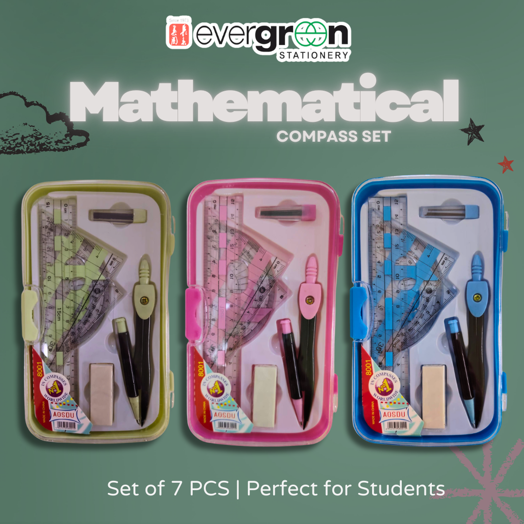 [SG] 7-Piece Mathematical Compass Set – 3 Colors (Green, Blue, Pink) [Evergreen Stationery]