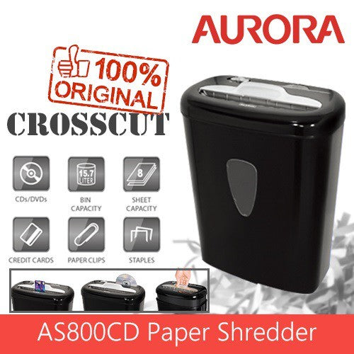 [SG] Aurora AS800CD Plastic Paper Shredder Machine 8 sheet, Cross cut (Able to Shred CDs) [Evergreen Stationery