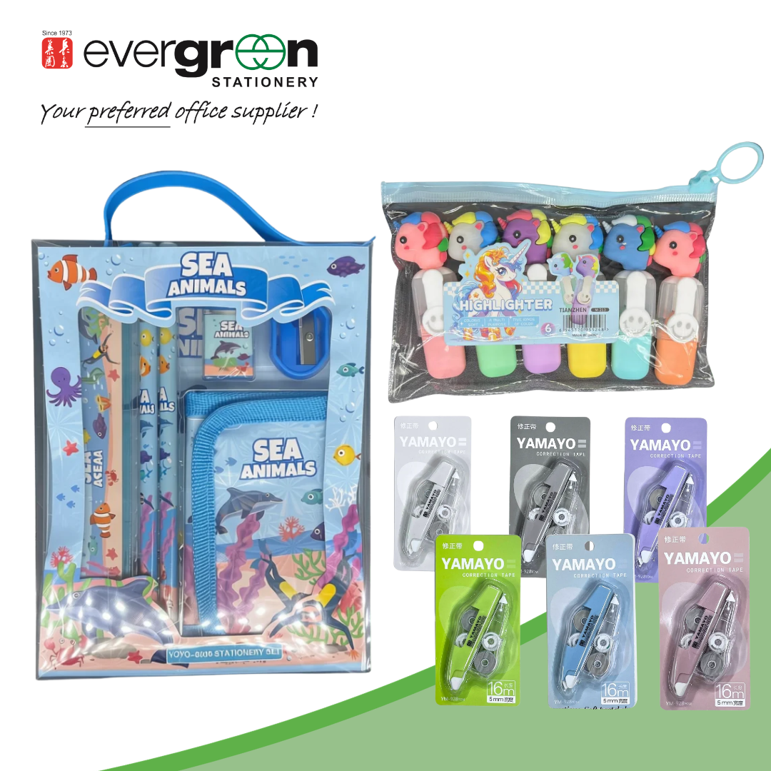 Cute Kids Stationery Gift Set | Unicorn / Sea Animals Themed | Stationery Set + Highlighter + Correction Tape