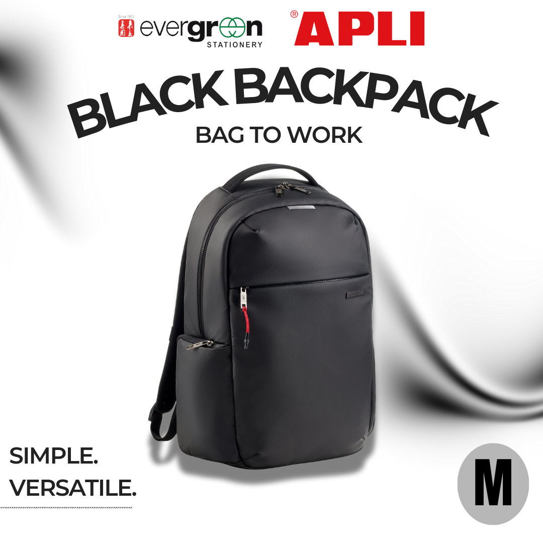 [SG] APLI Black Backpack M – Work & Travel Bag | 22L Capacity | Water-Repellent Finish [Evergreen Stationery]