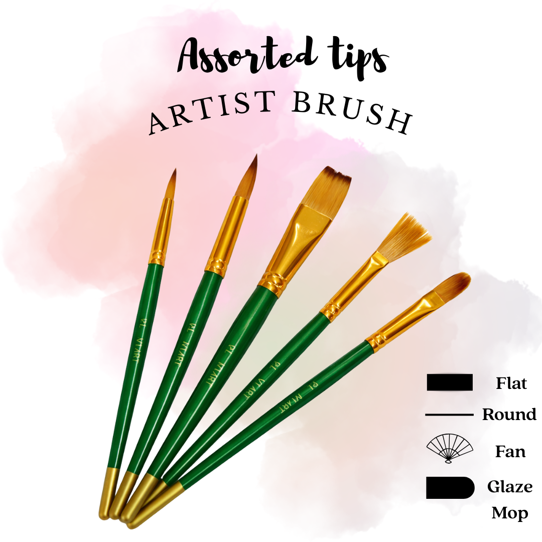 [SG] Premium Quality 5-Piece Artist Brush Set – 100% Nylon Hair | Ideal for Acrylic, Oil, Watercolor & Hobby Painting [Evergreen Stationery]