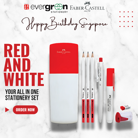 [SG] Faber Castell Red and White Stationery Set All in One Pencil Pen Eraser Sharpener Kit Limited SG Edition [Evergreen Stationery]