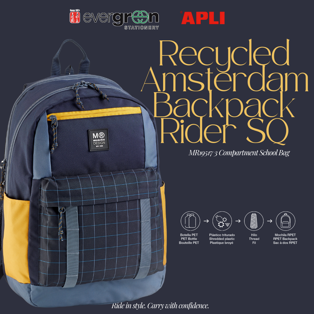 [SG] APLI Recycled Amsterdam Backpack – 3 Compartments Rider SQ Black Design [Evergreen Stationery]