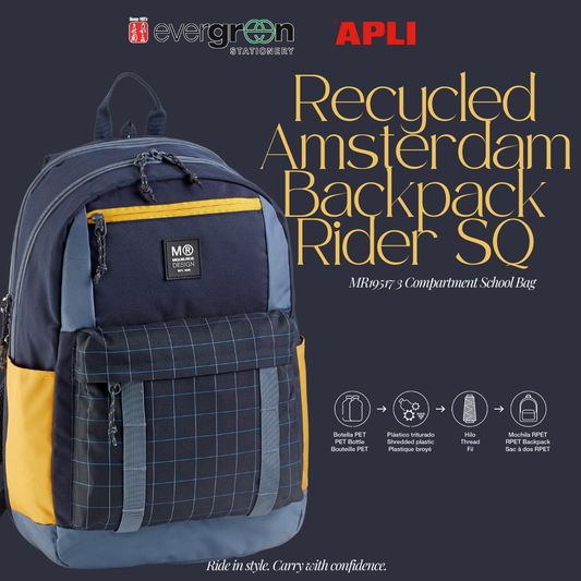 [SG] APLI Recycled Amsterdam Backpack – 3 Compartments Rider SQ Black Design [Evergreen Stationery]