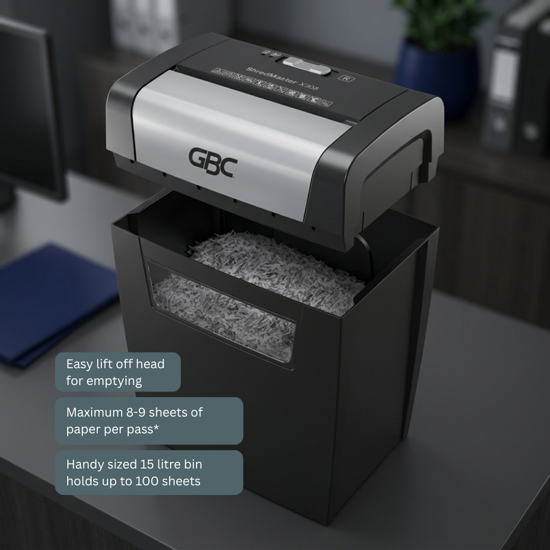 [SG] GBC Cross Cut Shredder ShredMaster X308 | Handy sized 15 litre bin | Easy lift off head | 5 x 42 mm Confetti cut