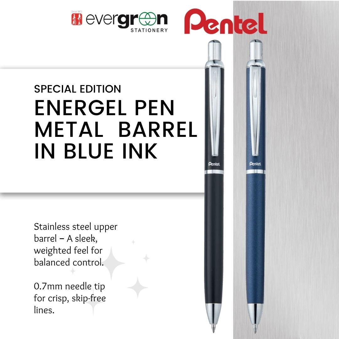 [SG] Pentel EnerGel BL607 0.7mm Gel Pen – Metal Black/Blue Barrel, Blue Ink [Evergreen Stationery]