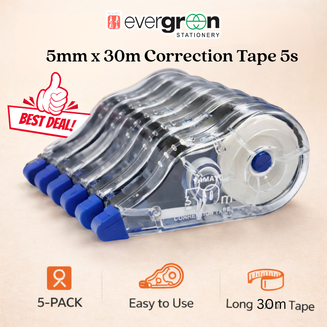 [SG] 5mm x 30m Correction Tape (5pcs) | Permanent Coverage | Fast & Clean Rewrite [Evergreen Stationery]