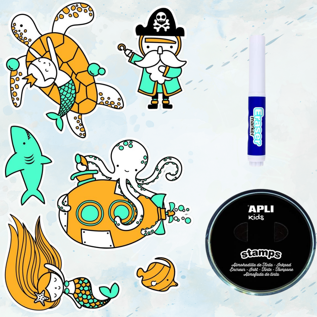 [SG] APLI Kids Sea Tale Stamps Set – 6 Underwater Designs + Ink Pad + Eraser Marker [Evergreen Stationery]