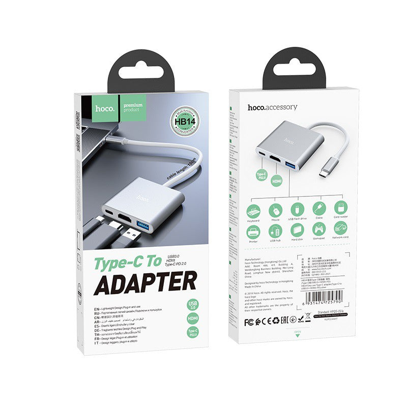 [SG] Hoco Premium HB14 Easy use Type-C Adapter ( Type-C to USB3.0 + HDMI + PD ) [Evergreen Stationery]