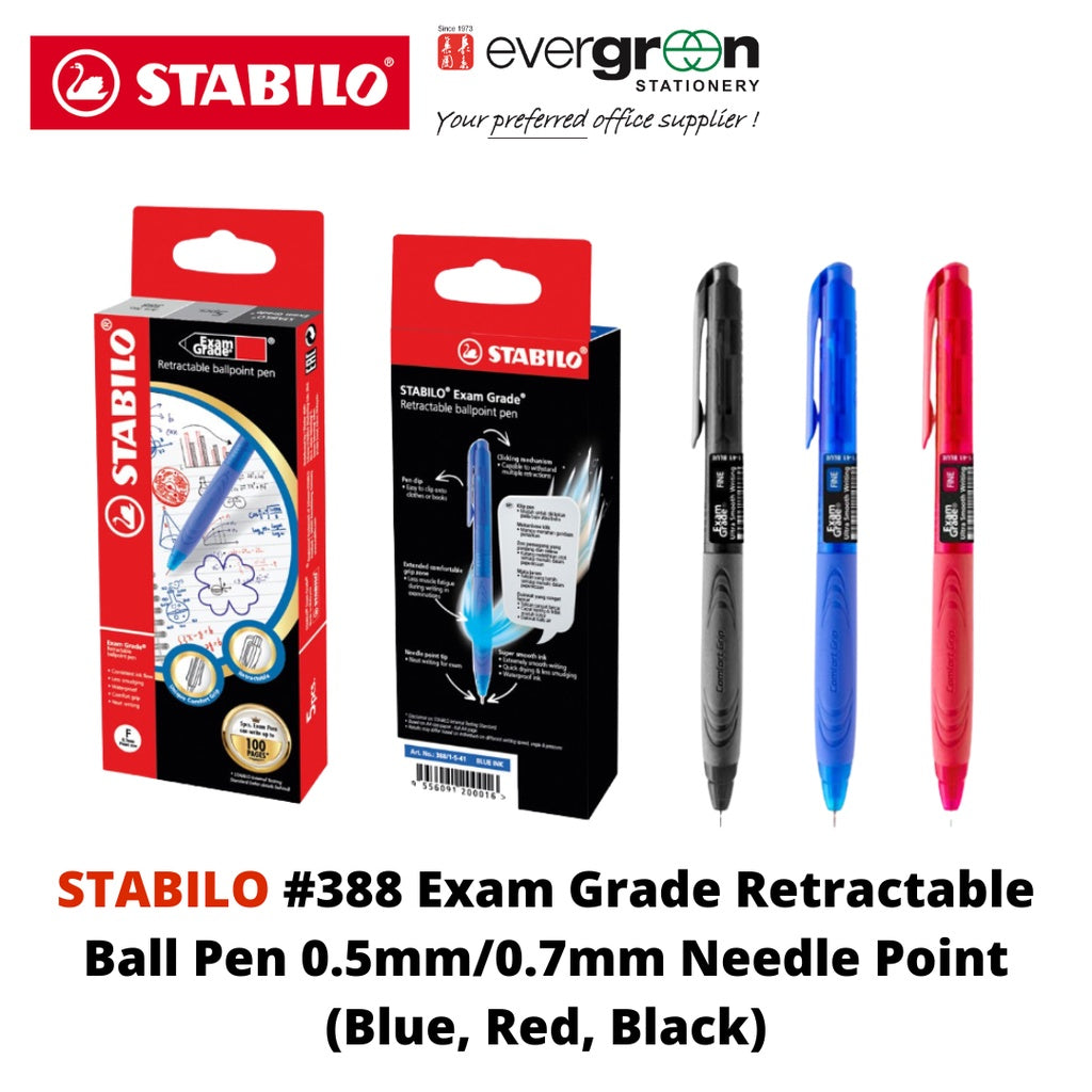 STABILO #388 Exam Grade Retractable Ball Pen 0.5mm/0.7mm Needle Point (Blue, Red, Black)-Original