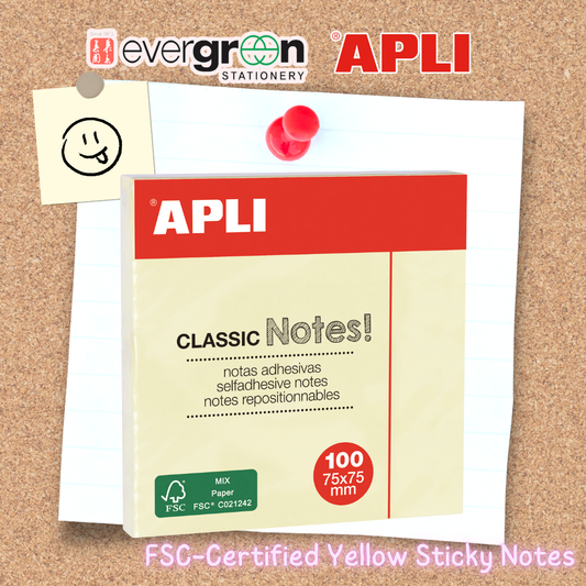 [SG] Apli 3x3 Inches Yellow Self-Adhesive Sticky Notes | 100 Sheets/Pad | FSC-Certified [Evergreen Stationery]