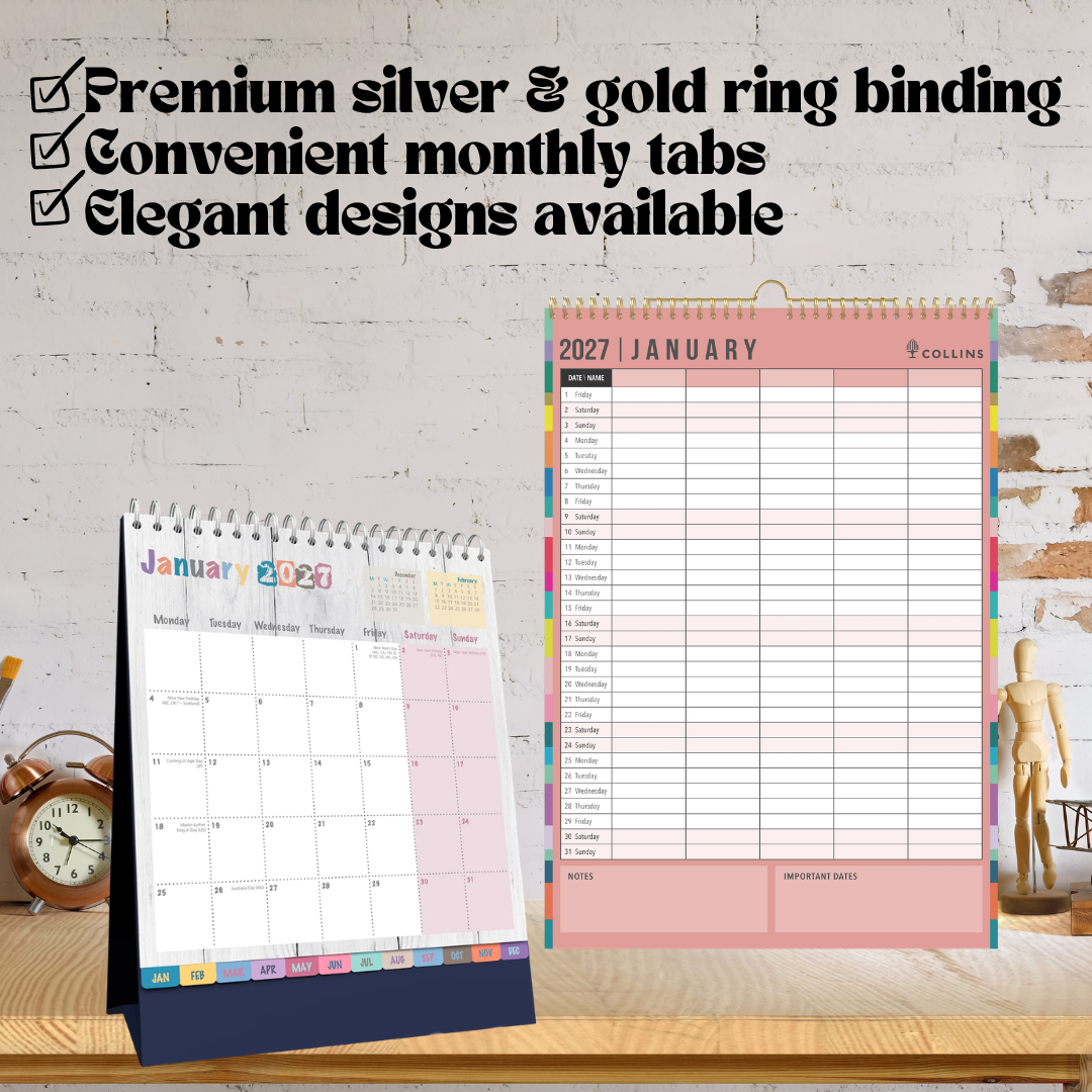 2027 Collins Desktop/A3 Family Wall Calendar | 12-Month Planner & International Holidays