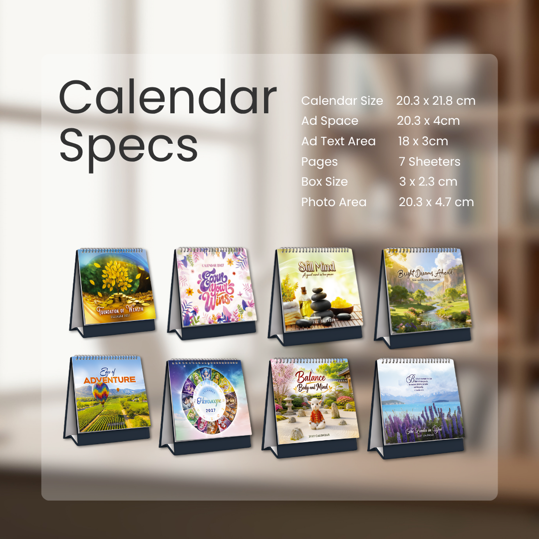 2027 Desktop Calendar Design | 14 designs | 19 x 21.8cm |  20.3 x 21.8cm | Inspirational Quotes | Landscape image | Horoscope | Chinese Zodiac | Bible Verses