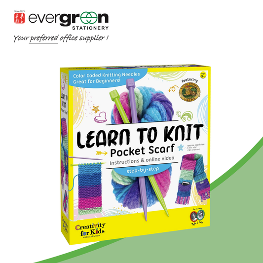 Faber Castell Learn To Knit Pocket Scarf | Ages 9+ | Step-by-step illustrated instructions and video | Chunky yarn