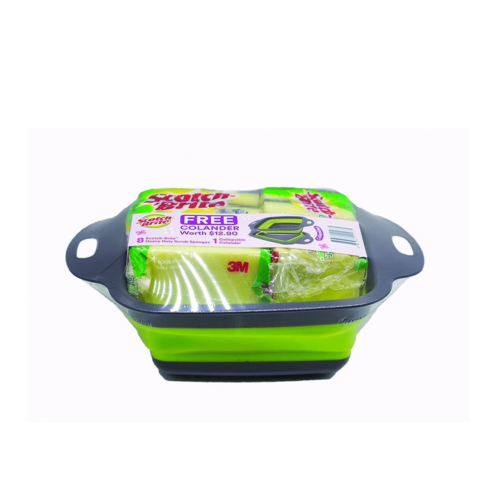 [SG] 3M SCOTCH-BRITE® 213VPC HEAVY DUTY 8PC SPONGES + FREE COLLAPSIBLE COLANDER [Evergreen Stationery]