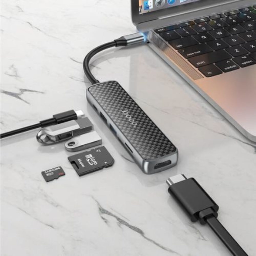[SG] Hoco HB24 6 In 1 Adapter Type-C (HDMI+USB3.0+USB2.0+SD+TF+PD) [Evergreen Stationery]