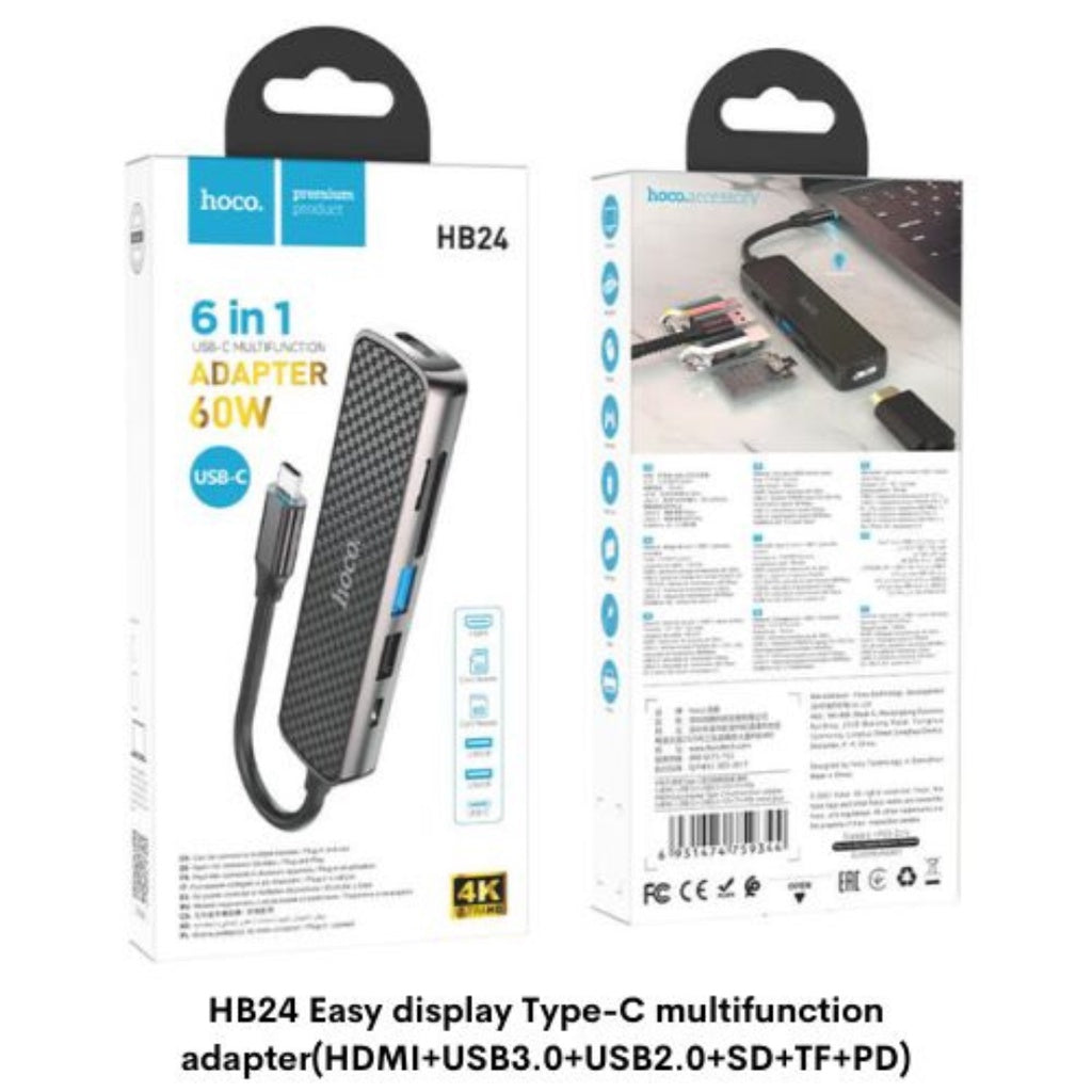 [SG] Hoco HB24 6 In 1 Adapter Type-C (HDMI+USB3.0+USB2.0+SD+TF+PD) [Evergreen Stationery]