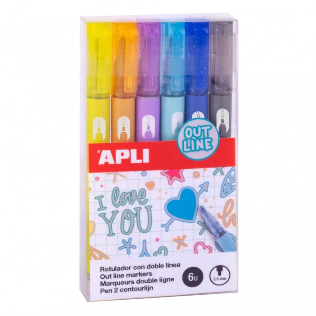 [SG] Apli Metallic Out Line Markers with Colored Border 6pcs [Evergreen Stationery]