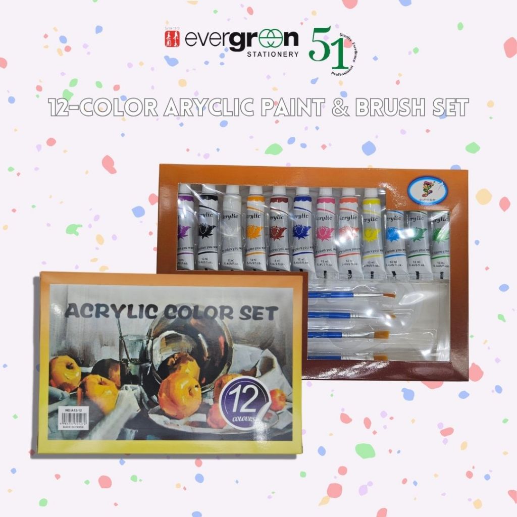 [SG] 12-Color Acrylic Paint & Brush Set – Ideal for Kids, Hobby & School Use [Evergreen Stationery]