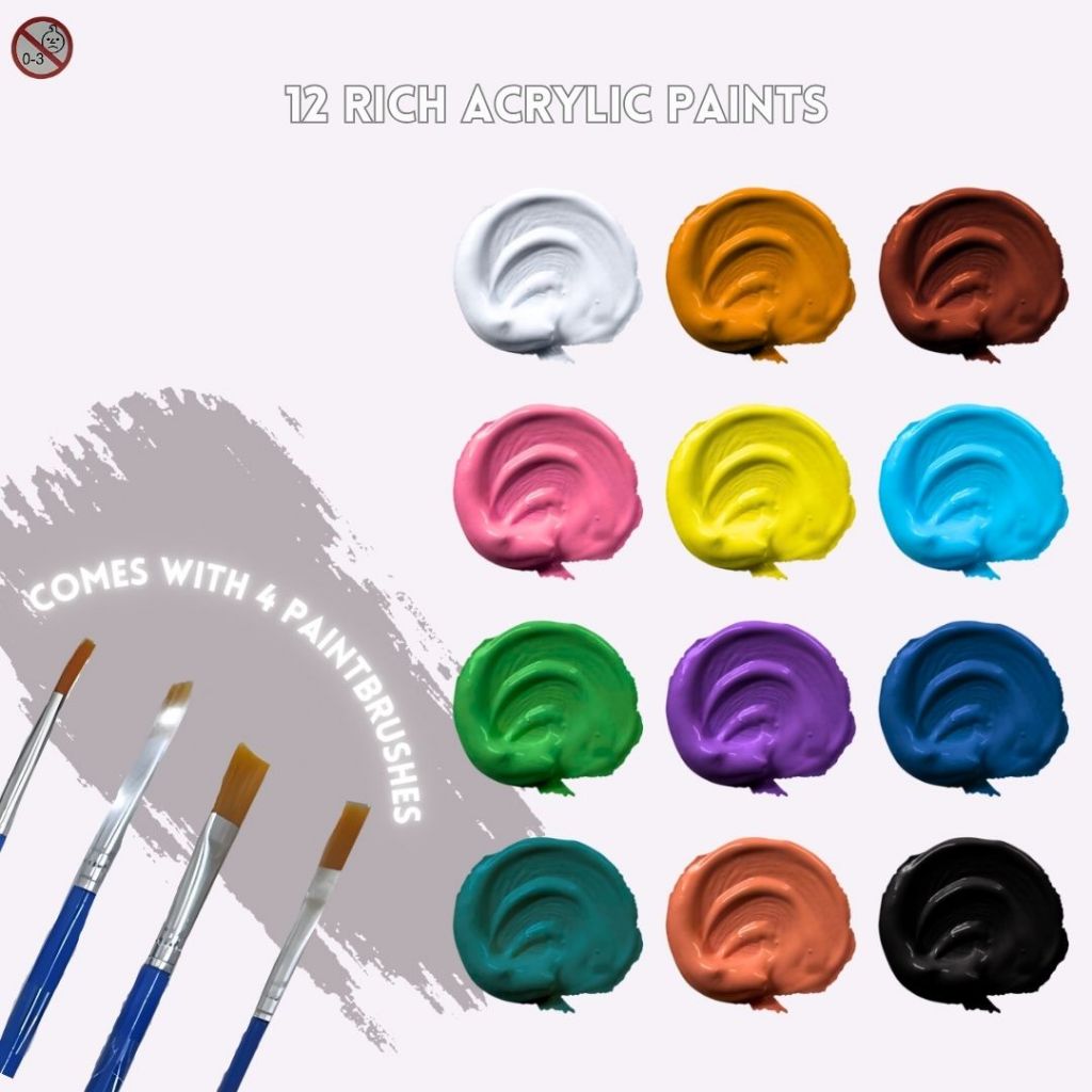 [SG] 12-Color Acrylic Paint & Brush Set – Ideal for Kids, Hobby & School Use [Evergreen Stationery]