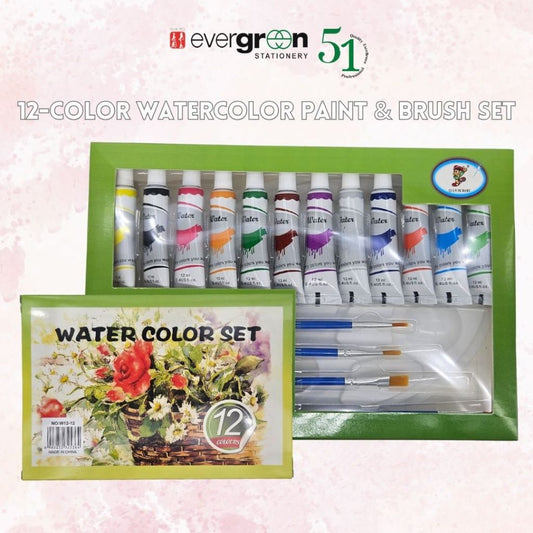 [SG] 12-Color Watercolor Paint & Brush Set – Ideal for Kids, Hobby & School Use [Evergreen Stationery]