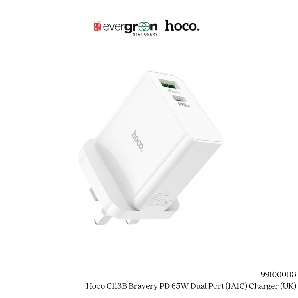 [SG] Hoco C113B Bravery PD 65W Dual Port (1A1C) Charger (UK) [Evergreen Stationery]