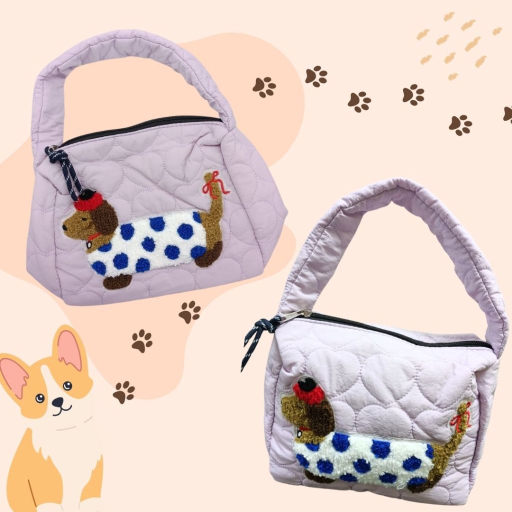 [SG] Cute Dog Family Cotton Button/Zip HandBag [Evergreen Stationery]
