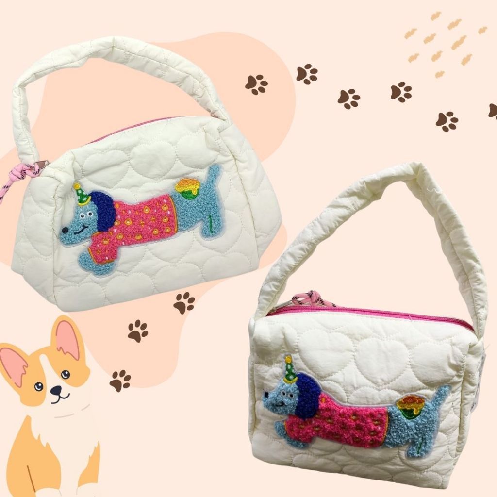 [SG] Cute Dog Family Cotton Button/Zip HandBag [Evergreen Stationery]