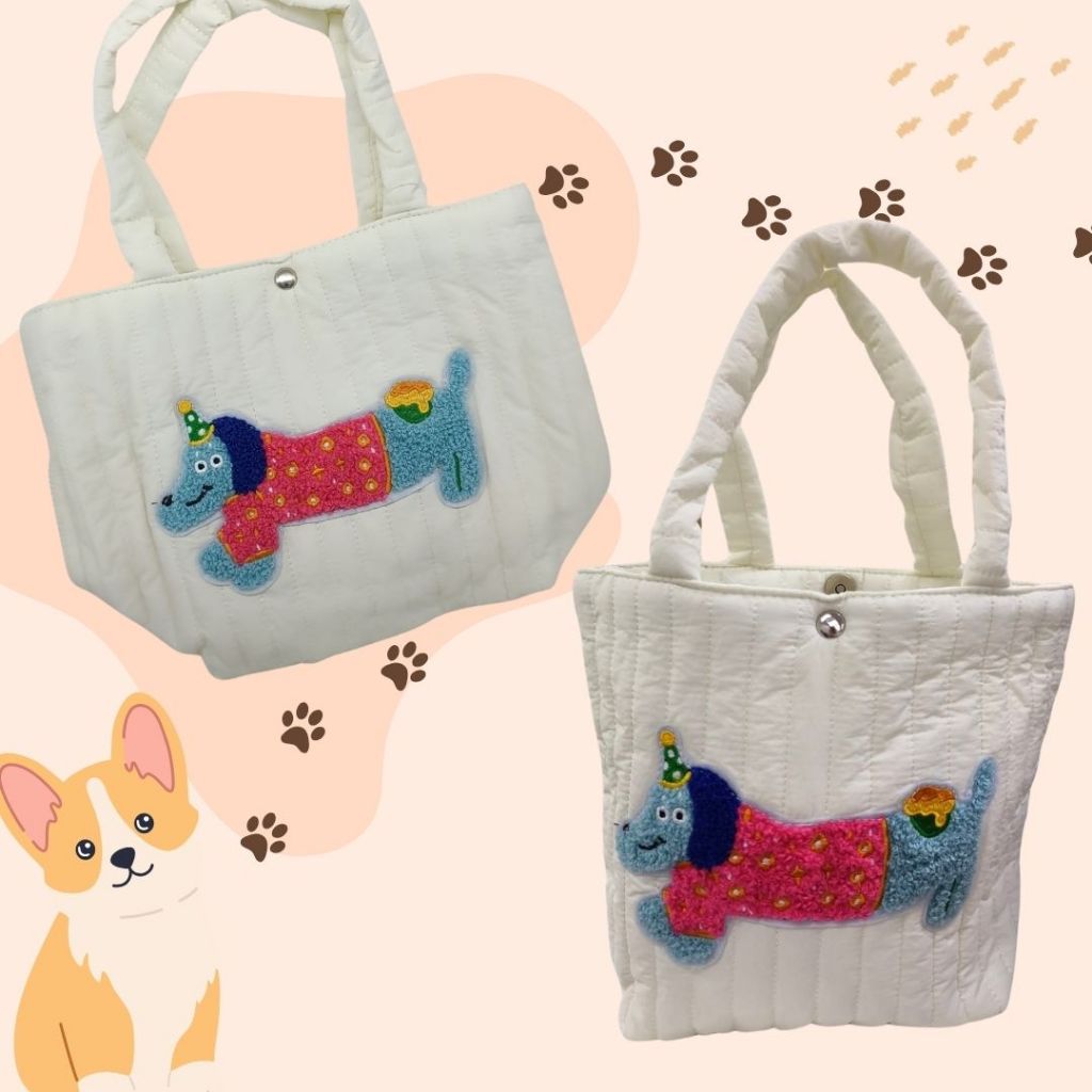 [SG] Cute Dog Family Cotton Button/Zip HandBag [Evergreen Stationery]