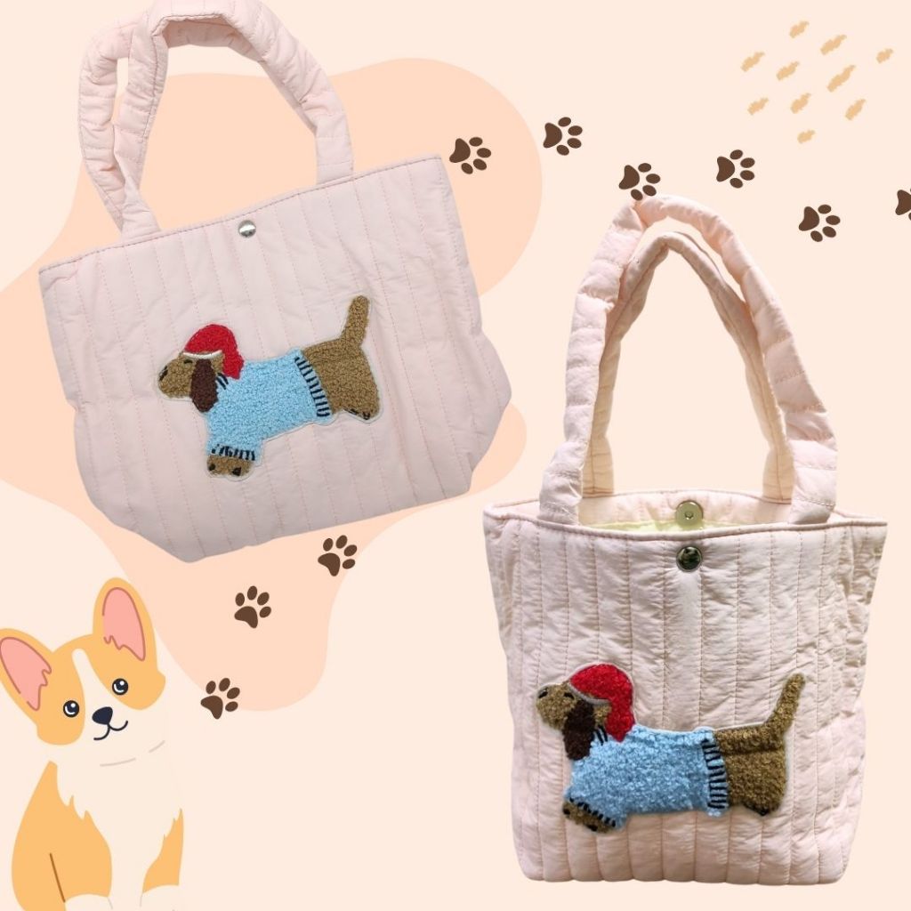 [SG] Cute Dog Family Cotton Button/Zip HandBag [Evergreen Stationery]