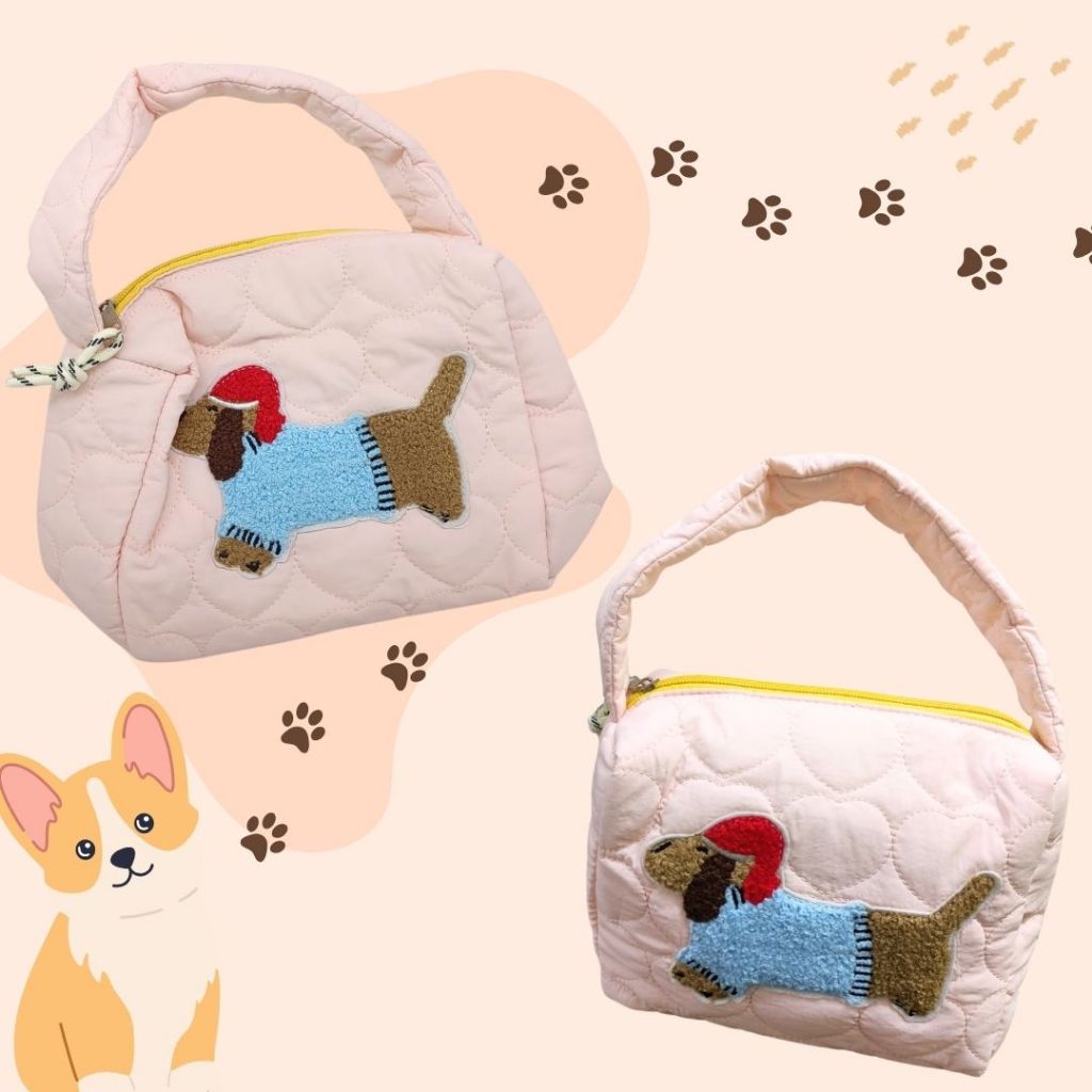 [SG] Cute Dog Family Cotton Button/Zip HandBag [Evergreen Stationery]