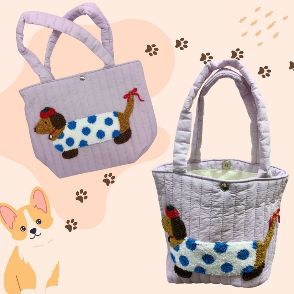 [SG] Cute Dog Family Cotton Button/Zip HandBag [Evergreen Stationery]