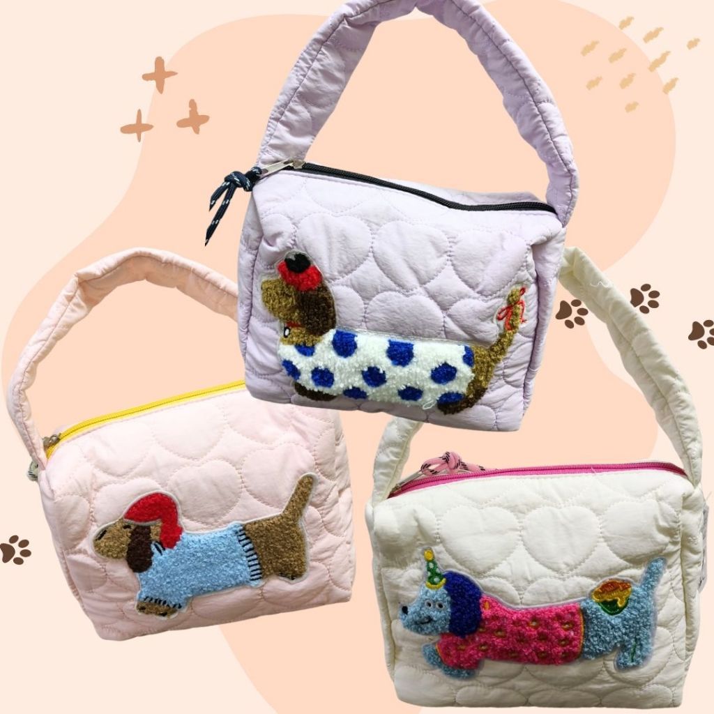[SG] Cute Dog Family Cotton Button/Zip HandBag [Evergreen Stationery]