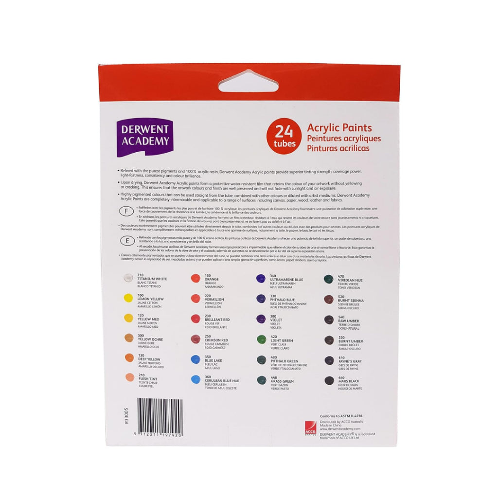 [SG] Derwent Academy Acrylic Paints 12/24 Tubes per pack [Evergreen Stationery]