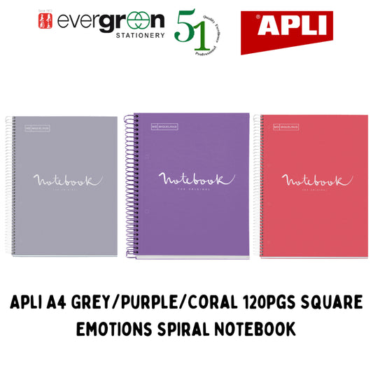 [SG] Apli A4 Grey/Purple/Coral 120pgs Square Emotions Spiral Notebook [Evergreen Stationery]