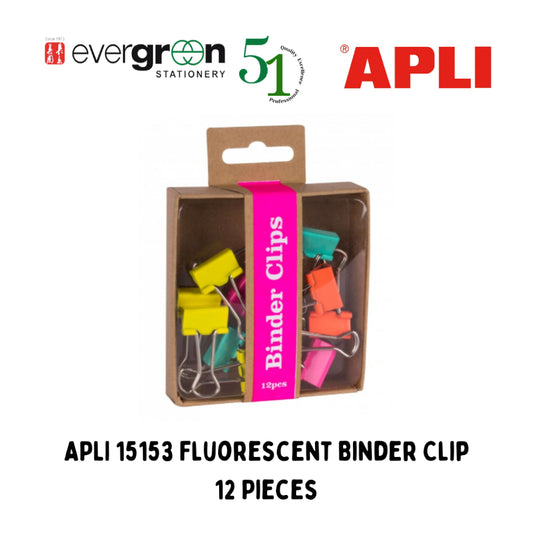 [SG] APLI 15153 Fluorescent Binder Clip 12 Pieces [Evergreen Stationery]