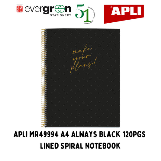 [SG] Apli MR49994 A4 Always Black 120pgs Lined Spiral Notebook [Evergreen Stationery]