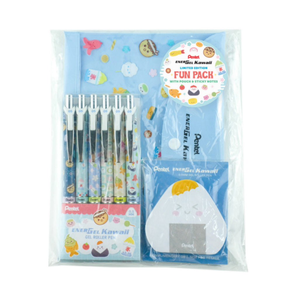 [SG] Pentel Energel Pen Limited Kawaii Edition 6 pcs Set 0.5mm Blue Ink w Blue Pouch w Sticky notes [Evergreen St