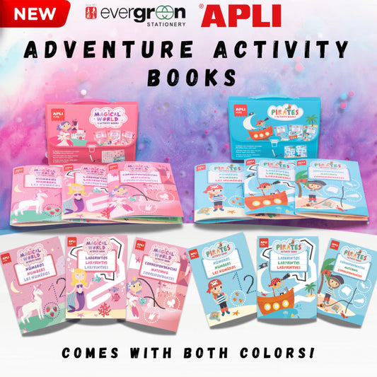[SG] APLI Adventure Activity Books – Magical World & Pirates | 3 Books + Marker with Eraser [Evergreen Stationery]