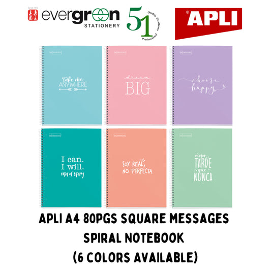 [SG] Apli A4 80pgs Square Messages Spiral Notebook (6 Colors Available) [Evergreen Stationery]