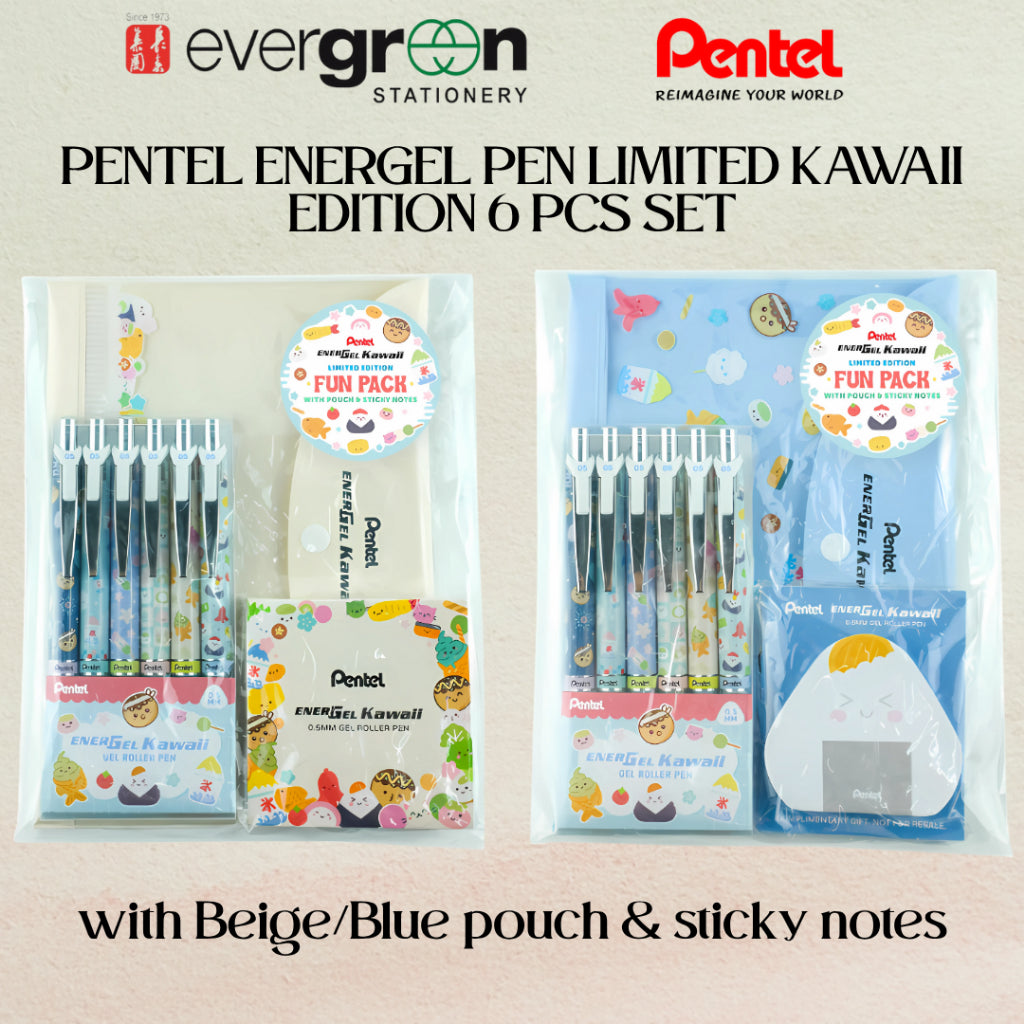 [SG] Pentel Energel Kawaii Pen 6 pcs Set with Pouch and Sticky Note [Evergreen Stationery}
