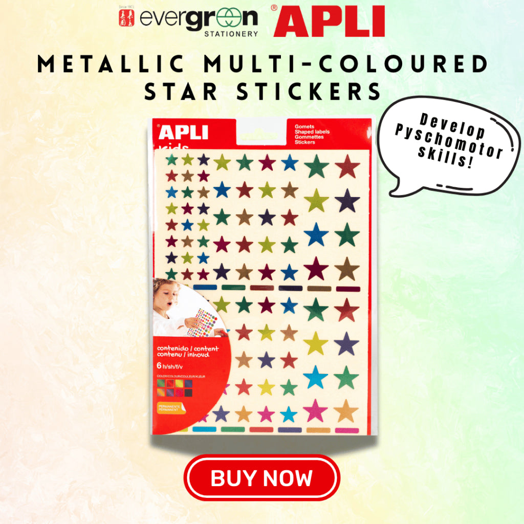 [SG] APLI Kids Metallic Star Stickers – 624pcs, Assorted Colours & Sizes [Evergreen Stationery]