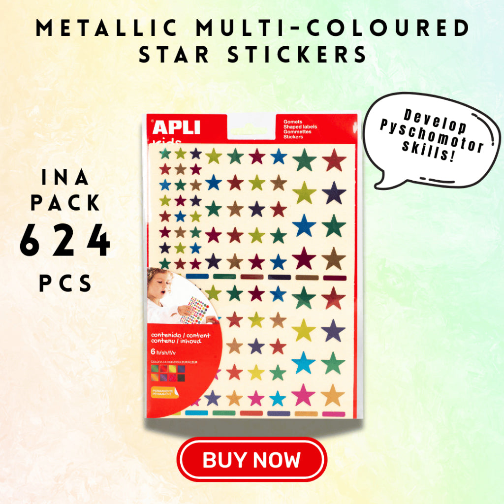 [SG] APLI Kids Metallic Star Stickers – 624pcs, Assorted Colours & Sizes [Evergreen Stationery]