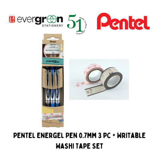 [SG] Pentel Energel Pen 0.7mm 3 pc + Writable Washi Tape Set [Evergreen Stationery]