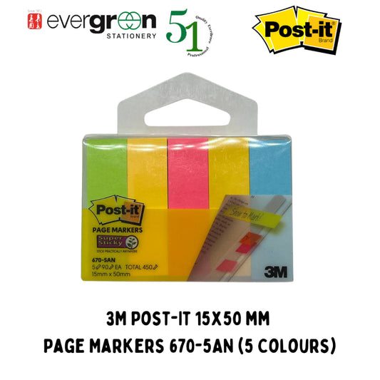 [SG] 3M Post-It 15x50 mm Page Markers 670-5AN (5 Colours) [Evergreen Stationery]