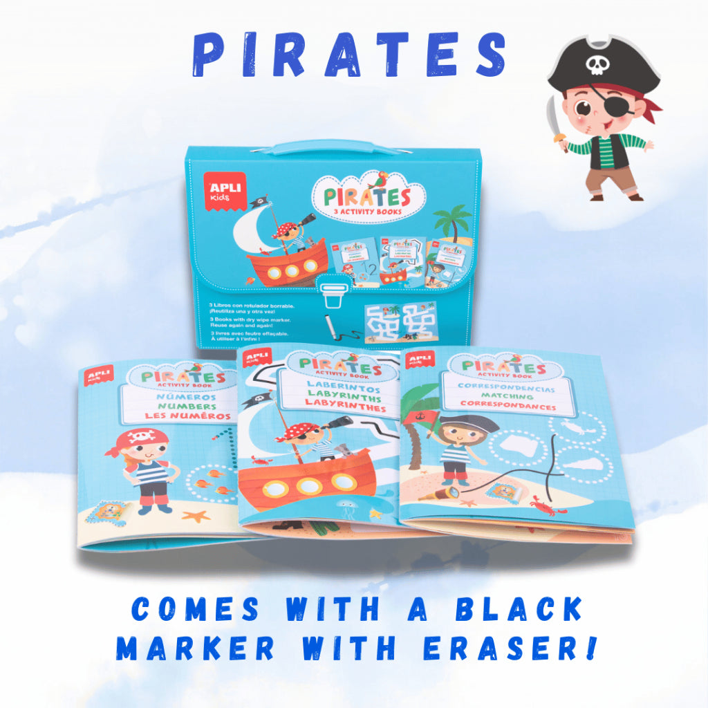 [SG] APLI Adventure Activity Books – Magical World & Pirates | 3 Books + Marker with Eraser [Evergreen Stationery]