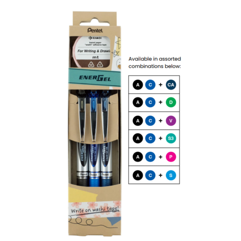 [SG] Pentel Energel Pen 0.7mm 3 pc + Writable Washi Tape Set [Evergreen Stationery]